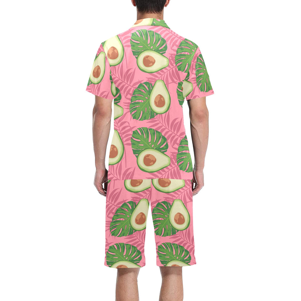 Avocado slices leaves pink back ground Men's V-Neck Short Pajama Set