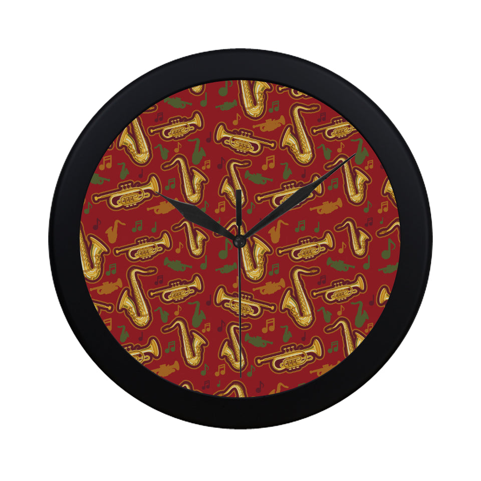 Saxophone cornet pattern red background Elegant Black Wall Clock