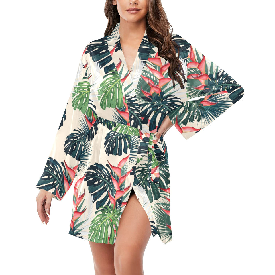 heliconia flowers, palm and monstera leaves Women's Long Sleeve Belted Night Robe