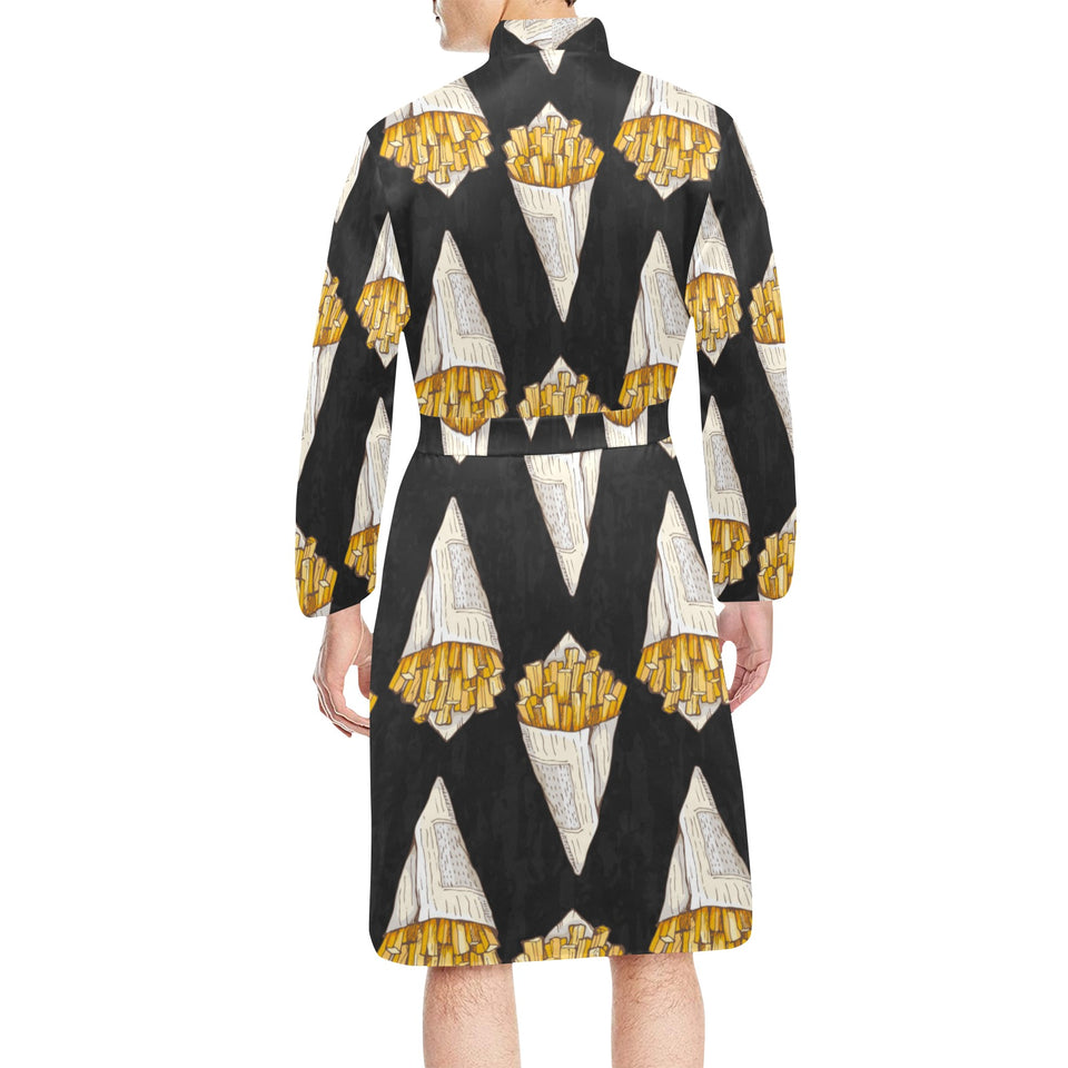 French fries dark background Men's Long Sleeve Belted Night Robe