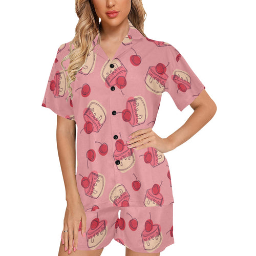Cake cherry pattern Women's V-Neck Short Pajama Set
