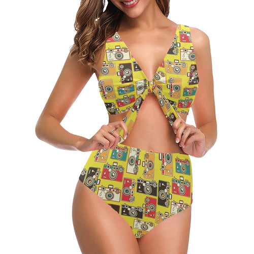 Camera Pattern Print Design 02 Chest Bowknot High Waisted Bikini Swimsuit