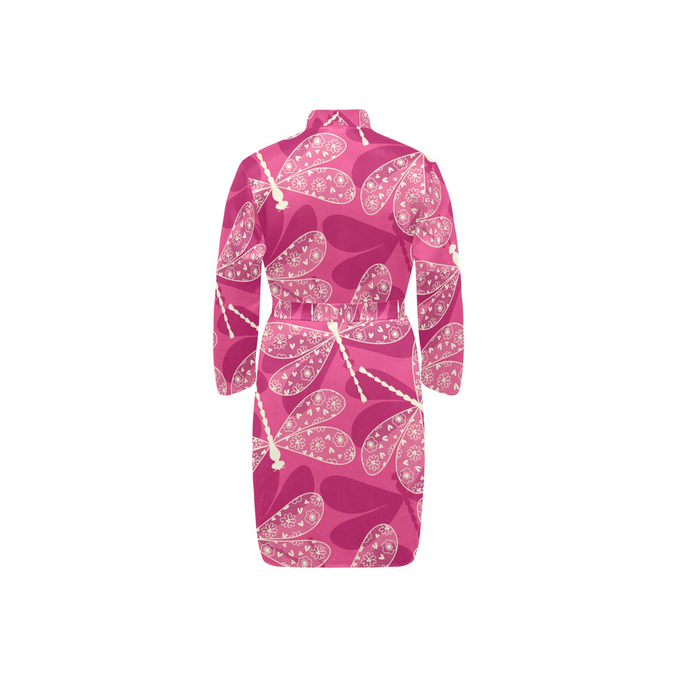 Beautiful dragonfly pink background Men's Long Sleeve Belted Night Robe