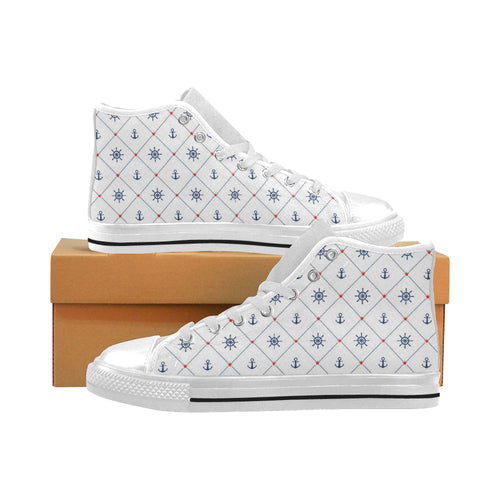 Anchor rudder nautical design pattern Men's High Top Canvas Shoes White
