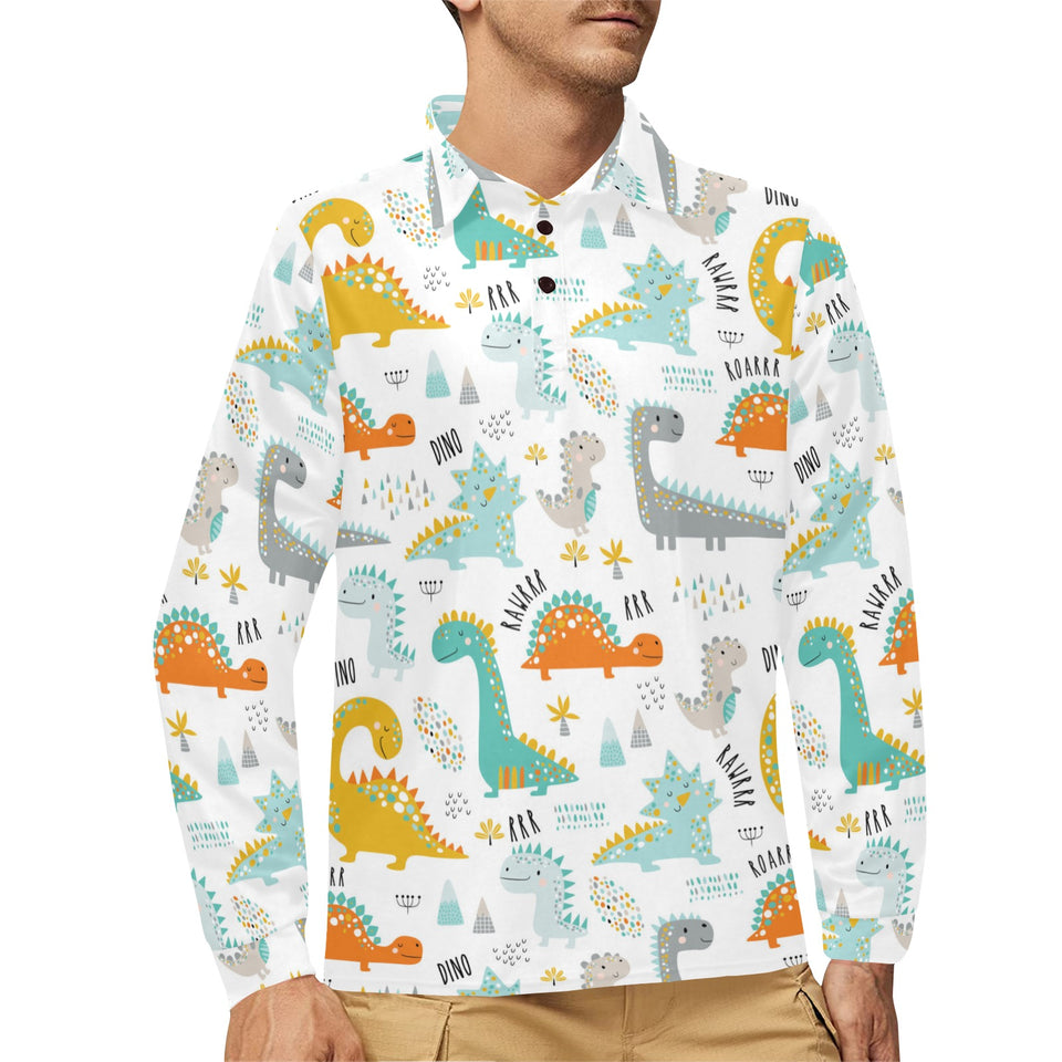 Cute funny kids dinosaurs pattern Men's Long Sleeve Polo Shirt