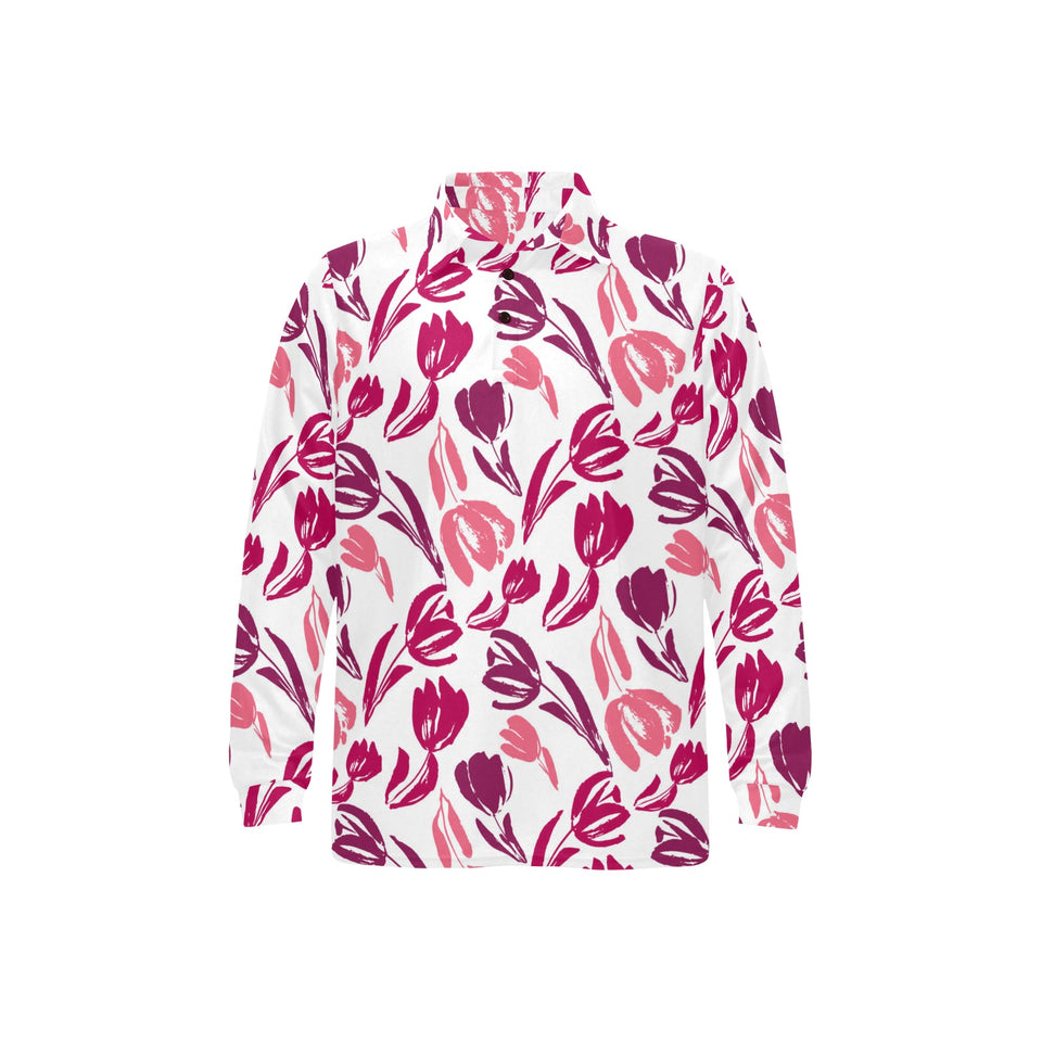 pink sketch tulip pattern Men's Long Sleeve Polo Shirt