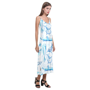 Watercolor dolphin pattern V-Neck Open Fork Long Dress