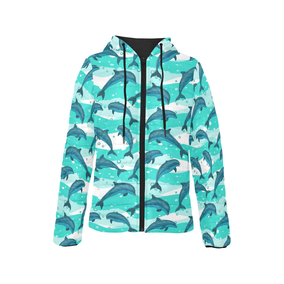 Dolphin sea pattern Women's Padded Hooded Jacket