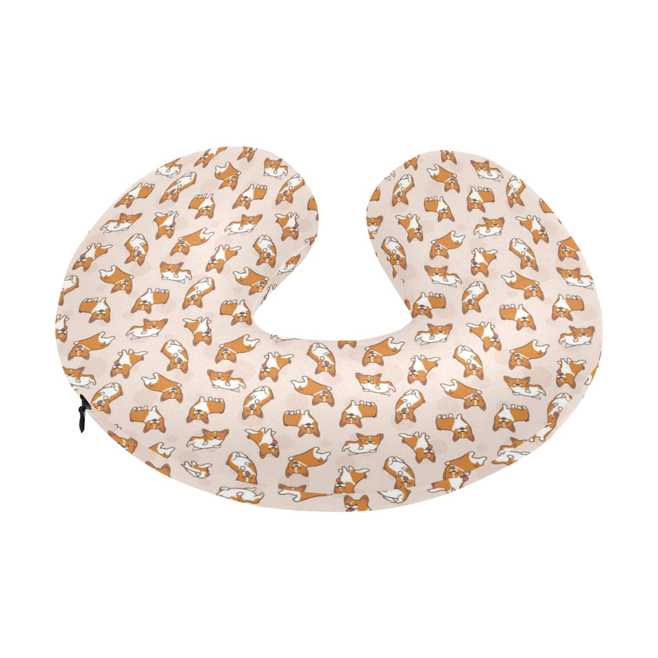 Cute Corgis Pattern pink background U-Shaped Travel Neck Pillow