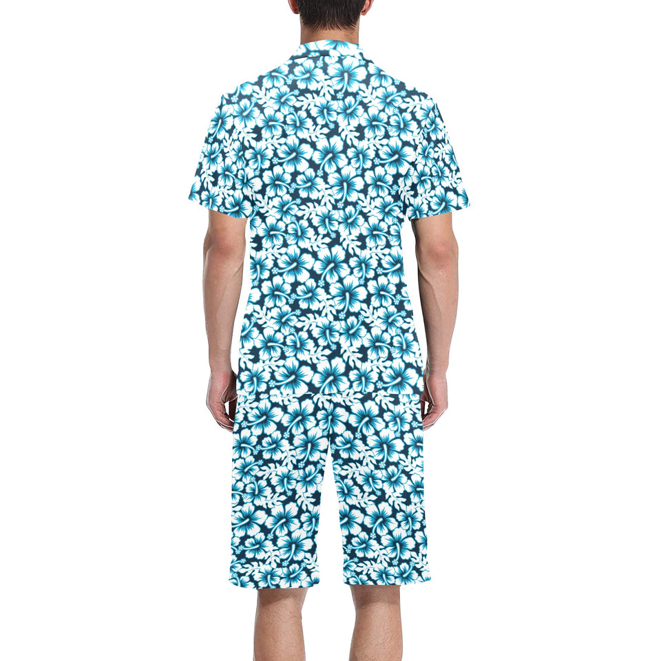 Hibiscus Pattern Print Design 04 Men's V-Neck Short Pajama Set