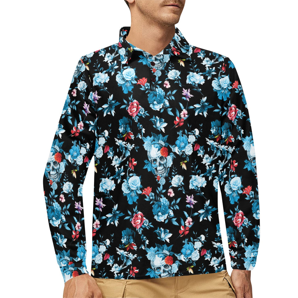 Skull flower roses leave pattern Men's Long Sleeve Polo Shirt