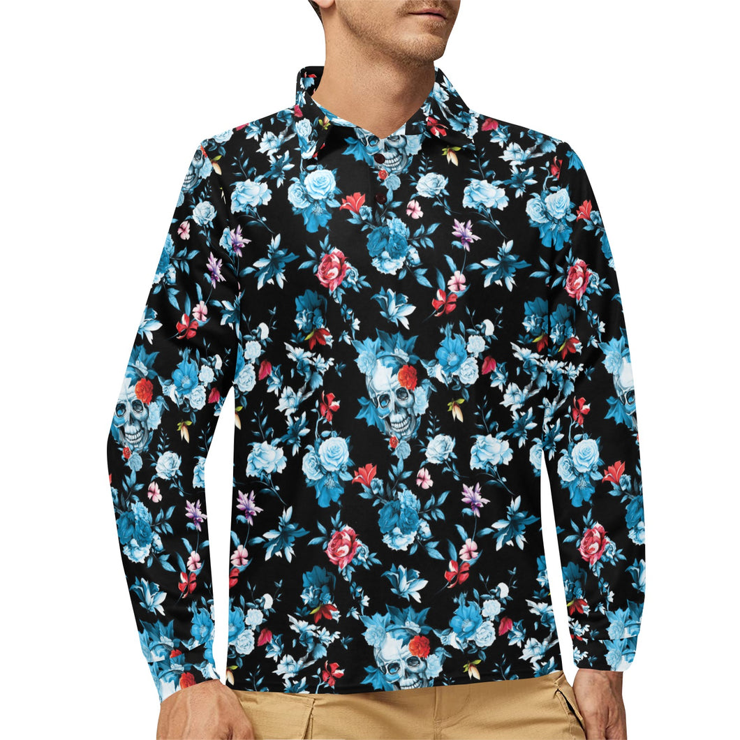 Skull flower roses leave pattern Men's Long Sleeve Polo Shirt