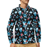 Skull flower roses leave pattern Men's Long Sleeve Polo Shirt