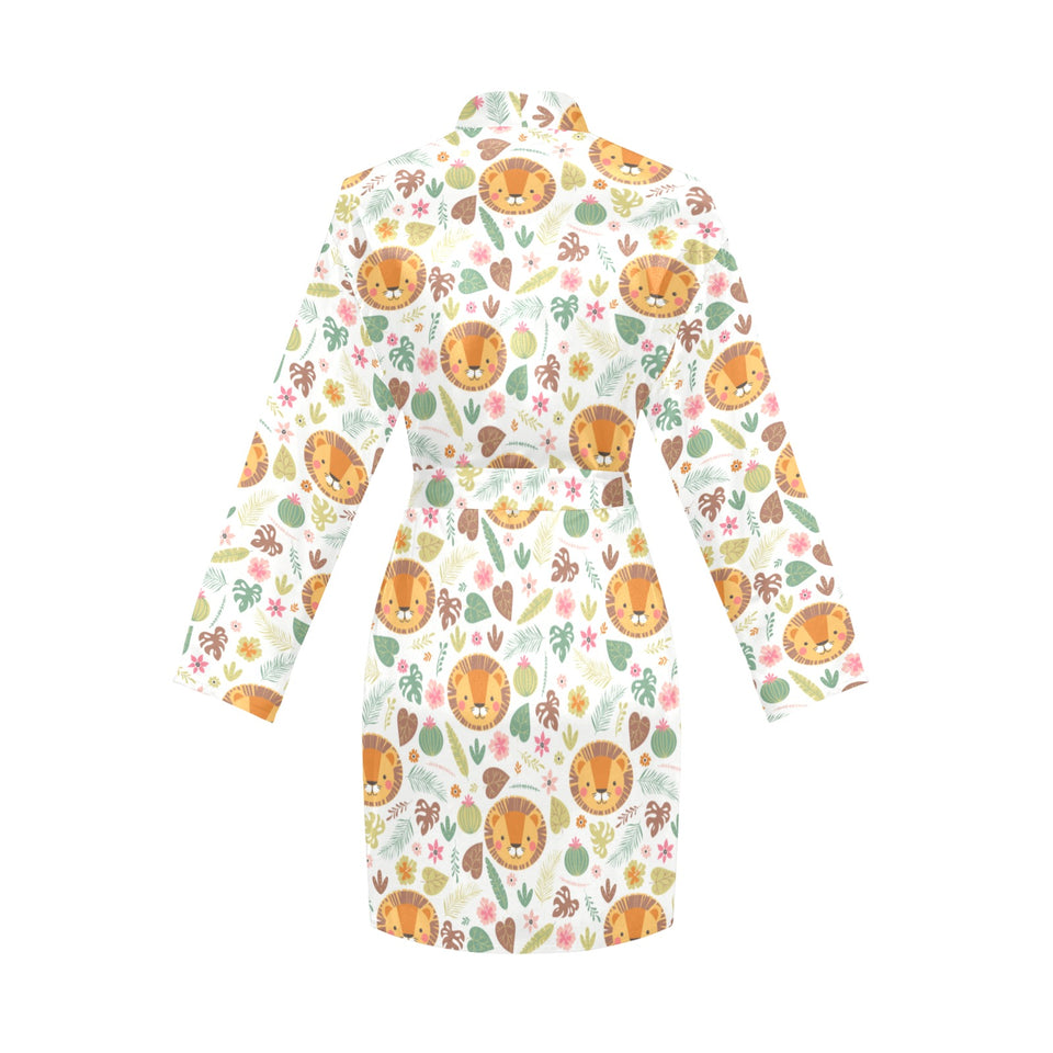Lion Pattern Print Design 04 Women's Long Sleeve Belted Night Robe