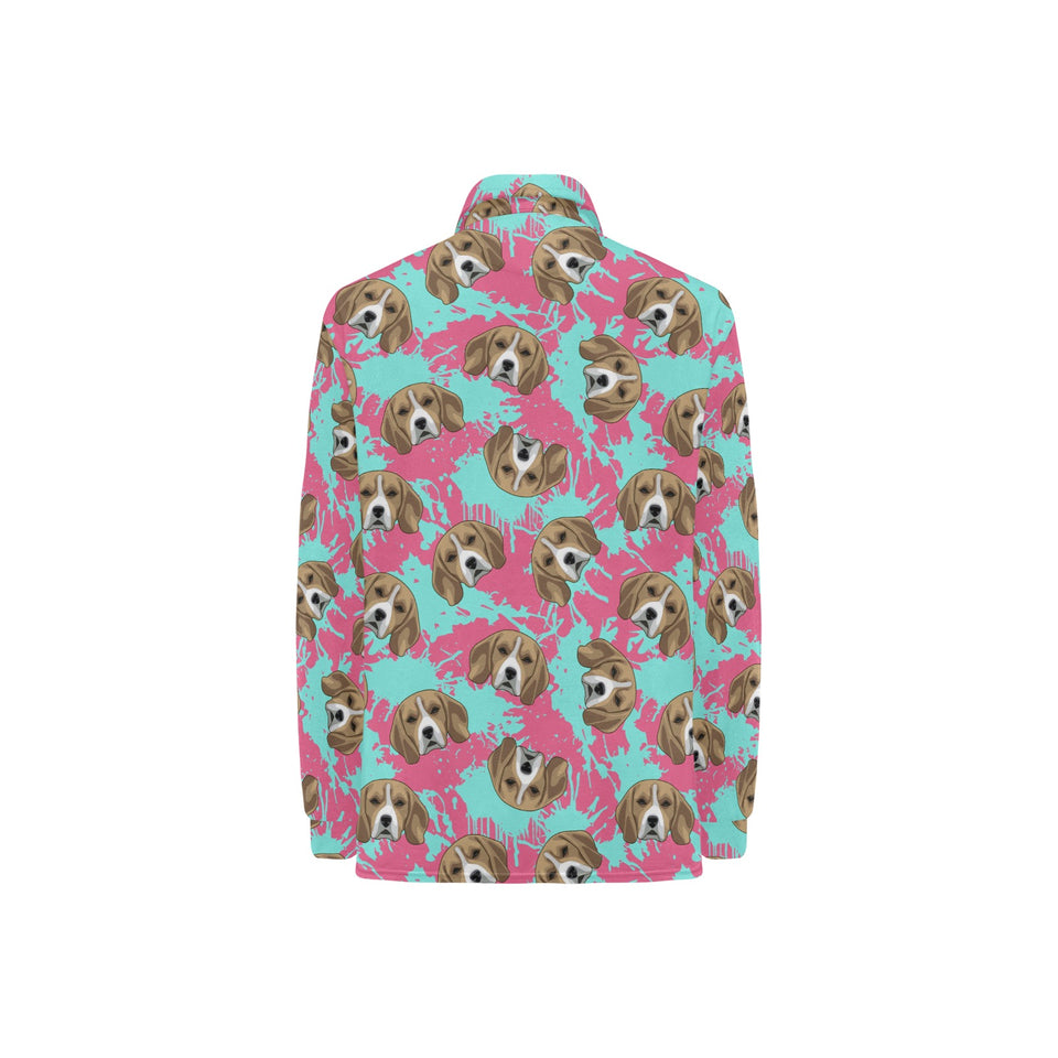 Beagle muzzles turquoise paint splashes pink patte Women's Long Sleeve Polo Shirt