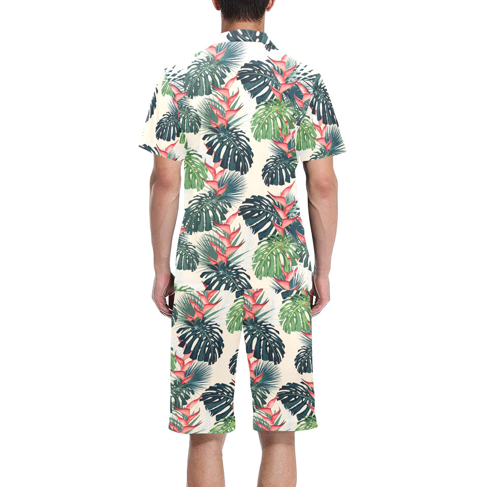heliconia flowers, palm and monstera leaves Men's V-Neck Short Pajama Set