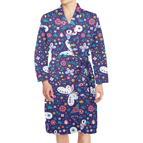Colorful butterfly flower pattern.eps Men's Long Sleeve Belted Night Robe