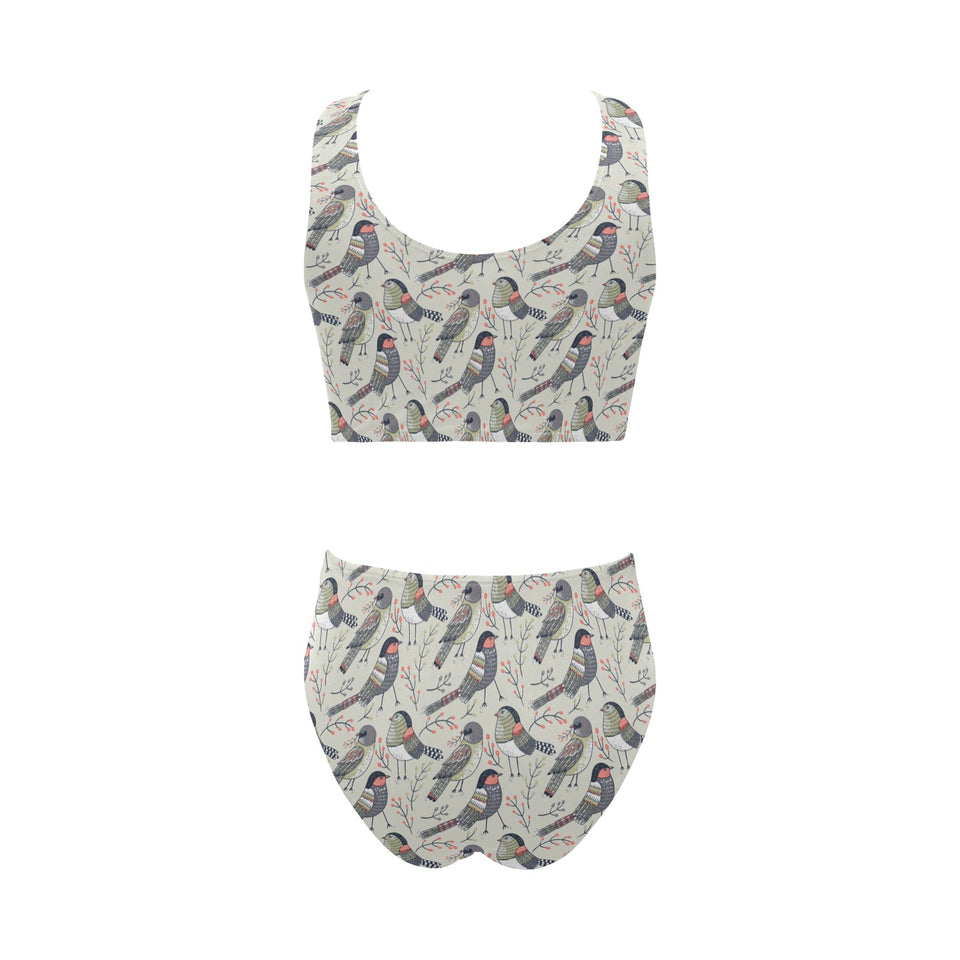Pigeon Pattern Print Design 04 Chest Bowknot High Waisted Bikini Swimsuit