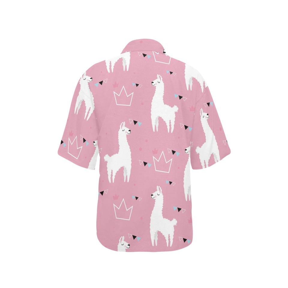 Llama Alpaca pink background Women's All Over Print Hawaiian Shirt
