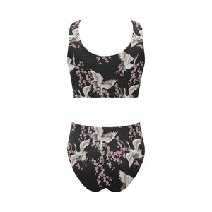 Japanese crane pink sakura pattern Chest Bowknot High Waisted Bikini Swimsuit