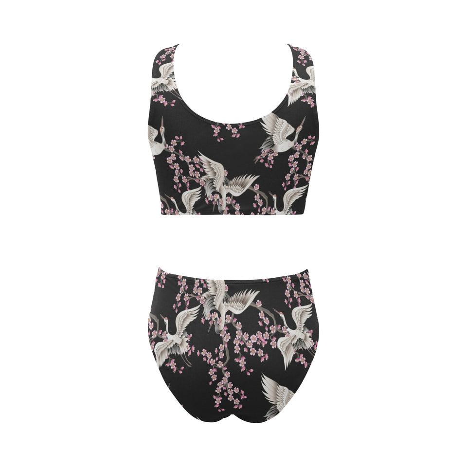 Japanese crane pink sakura pattern Chest Bowknot High Waisted Bikini Swimsuit