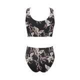 Japanese crane pink sakura pattern Chest Bowknot High Waisted Bikini Swimsuit