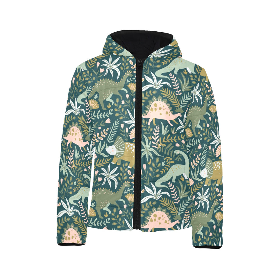 dinosaurs tropical leaves flower pattern Kids' Boys' Girls' Padded Hooded Jacket
