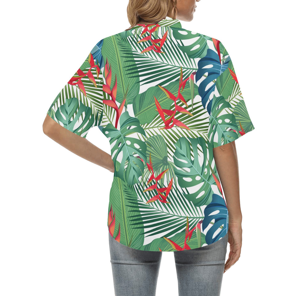 heliconia palm and monstera  leaves pattern Women's All Over Print Hawaiian Shirt