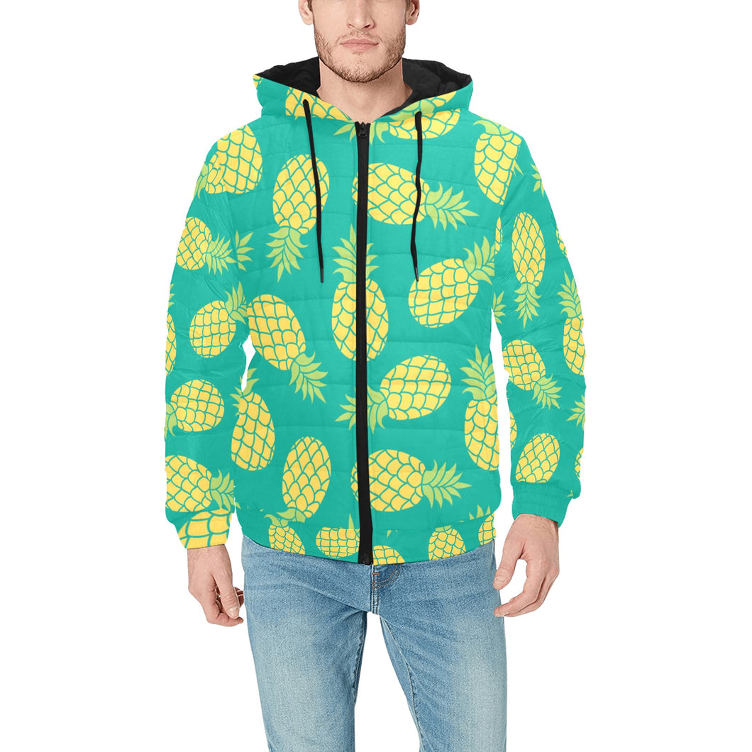 Pineapples pattern green background Men's Padded Hooded Jacket