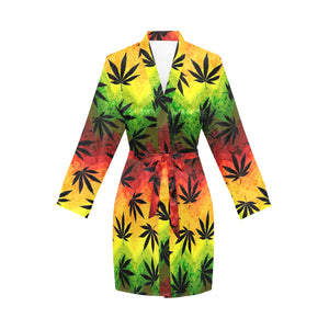 Canabis Marijuana Weed Pattern Print Design 03 Women's Long Sleeve Belted Night Robe