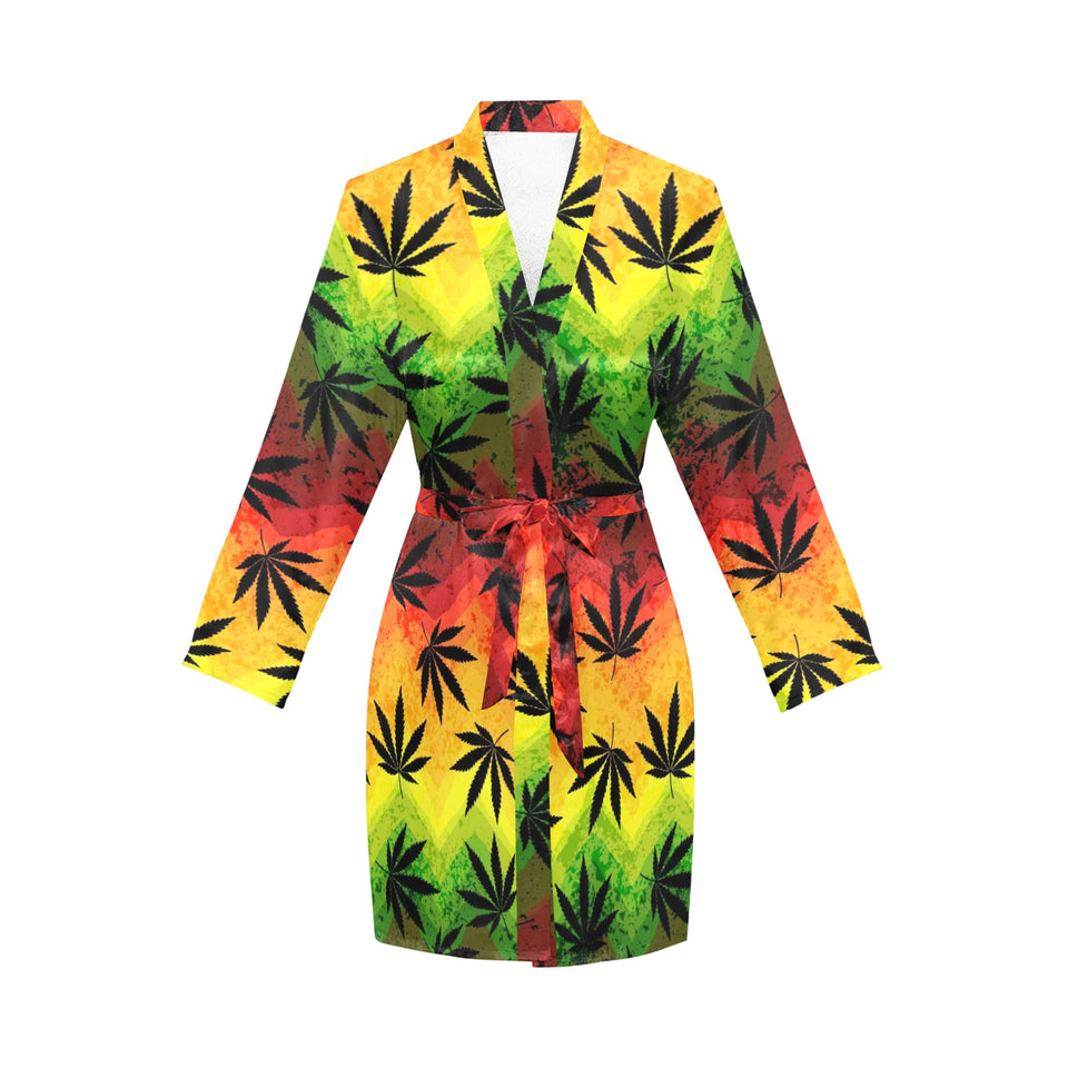 Canabis Marijuana Weed Pattern Print Design 03 Women's Long Sleeve Belted Night Robe