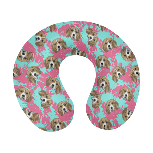 Beagle muzzles turquoise paint splashes pink patte U-Shaped Travel Neck Pillow