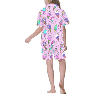 Cute ice cream cone animal pattern Kids' Boys' Girls' V-Neck Short Pajama Set