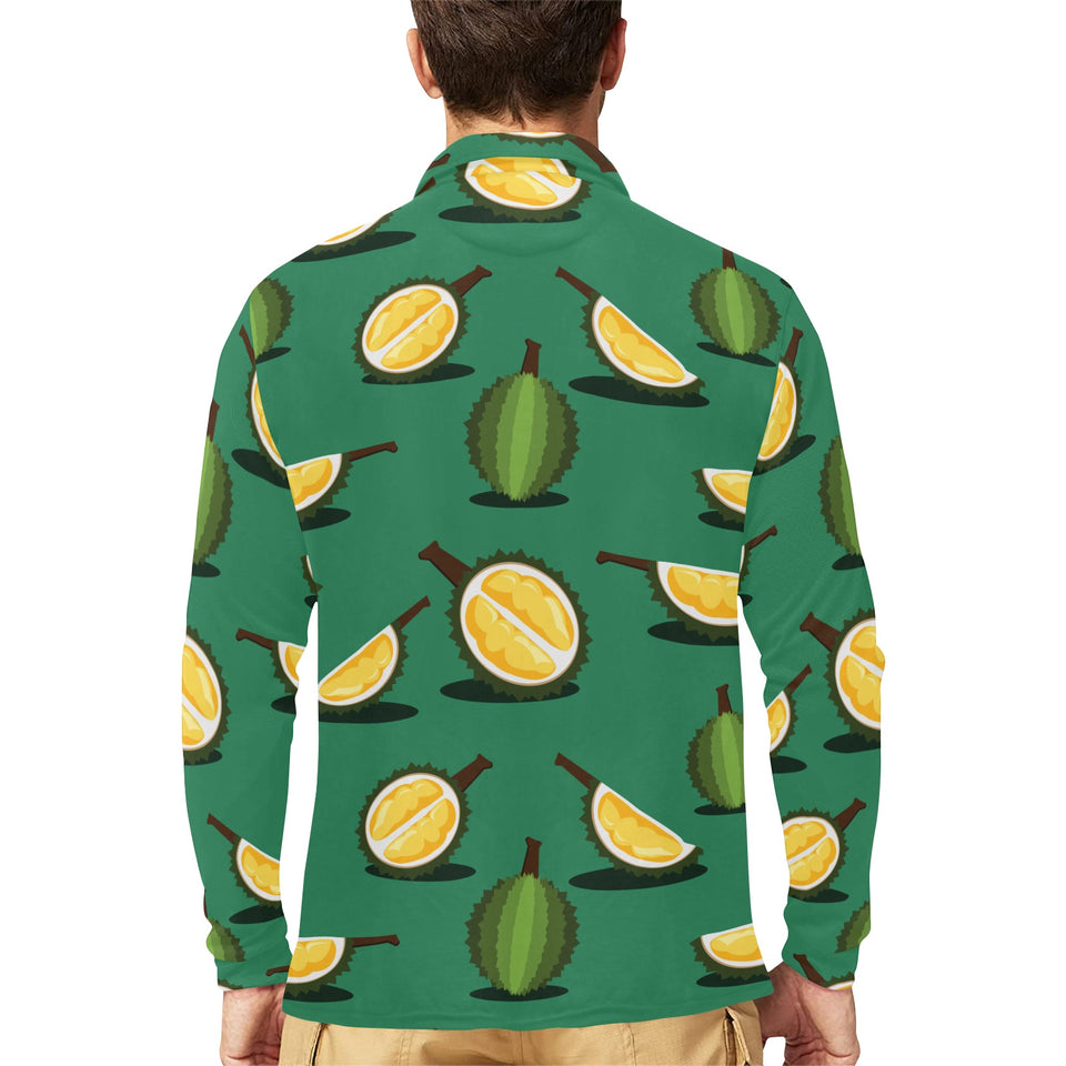 Durian pattern green background Men's Long Sleeve Polo Shirt
