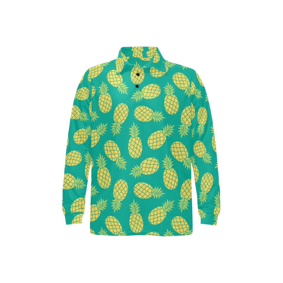 Pineapples pattern green background Men's Long Sleeve Polo Shirt