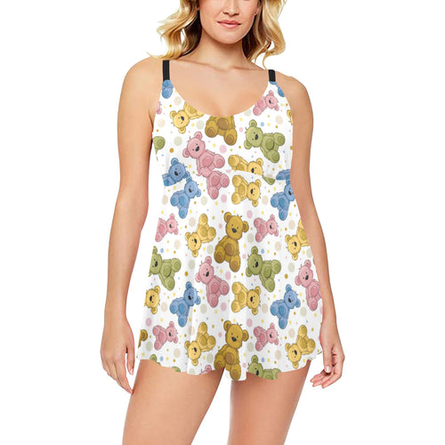 Teddy Bear Pattern Print Design 01 Chest Sexy Pleated Two Piece Swim Dress
