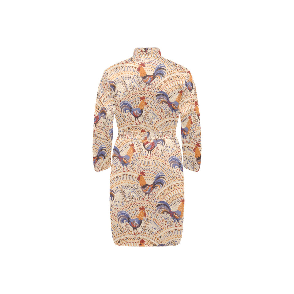 Cute rooster chicken cock floral ornament backgrou Men's Long Sleeve Belted Night Robe
