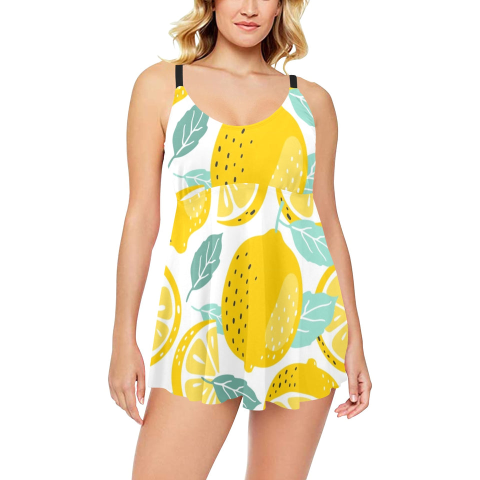 lemon design pattern Chest Sexy Pleated Two Piece Swim Dress