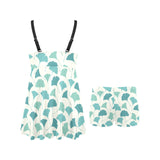 Green ginkgo leaves pattern Chest Sexy Pleated Two Piece Swim Dress