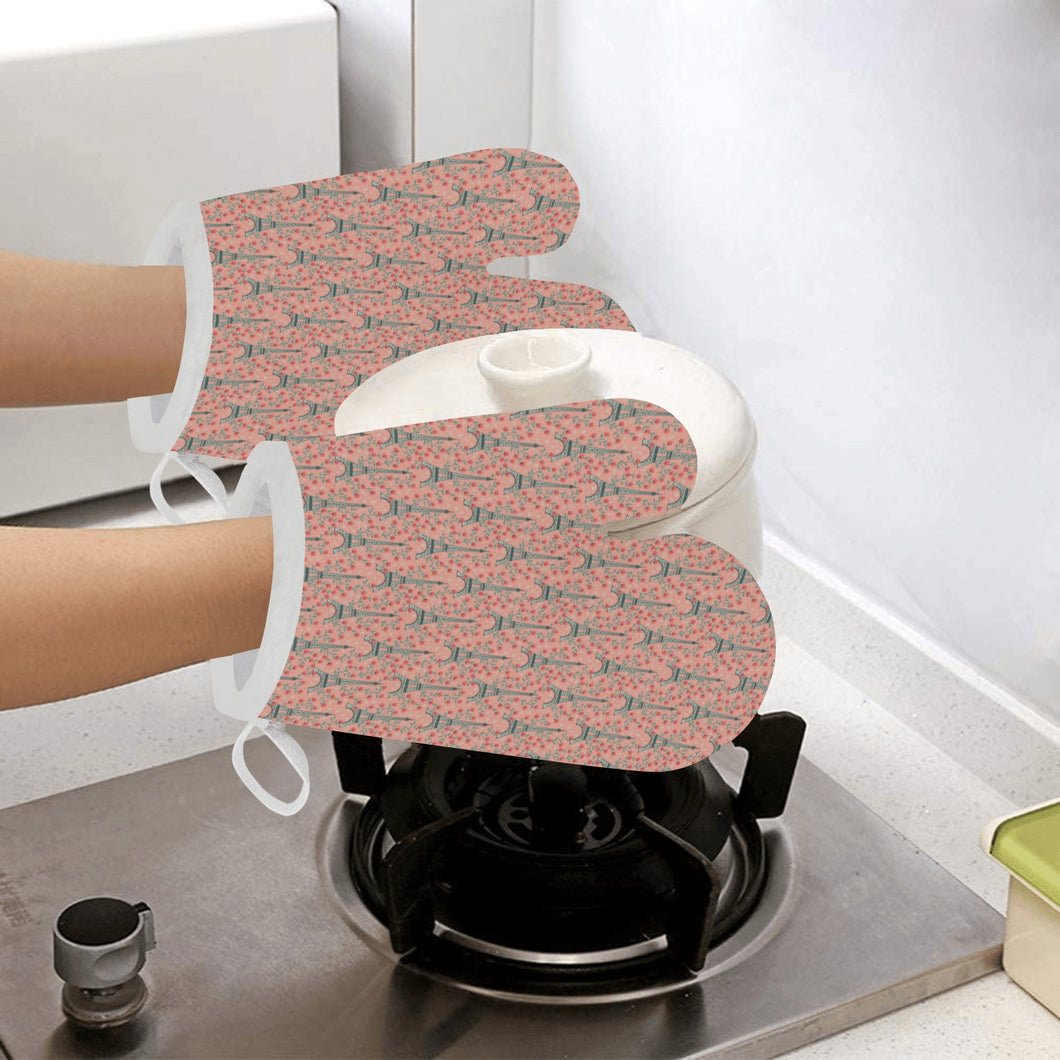 Eiffel Tower Flower Pattern Design 03 Heat Resistant Oven Mitts