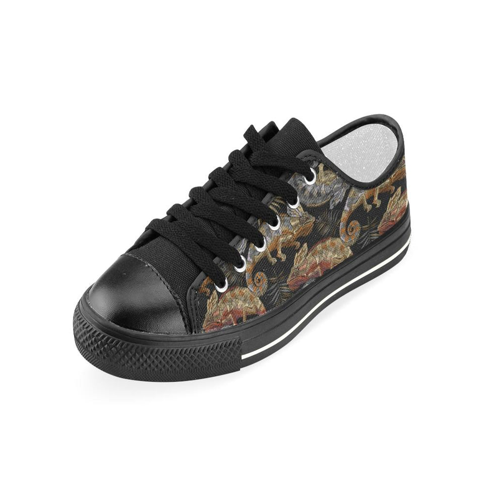 Chameleon lizard tropical leaves palm tree Kids' Boys' Girls' Low Top Canvas Shoes Black