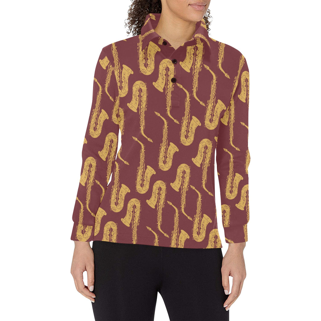 Hand drawn gold saxophone red background Women's Long Sleeve Polo Shirt
