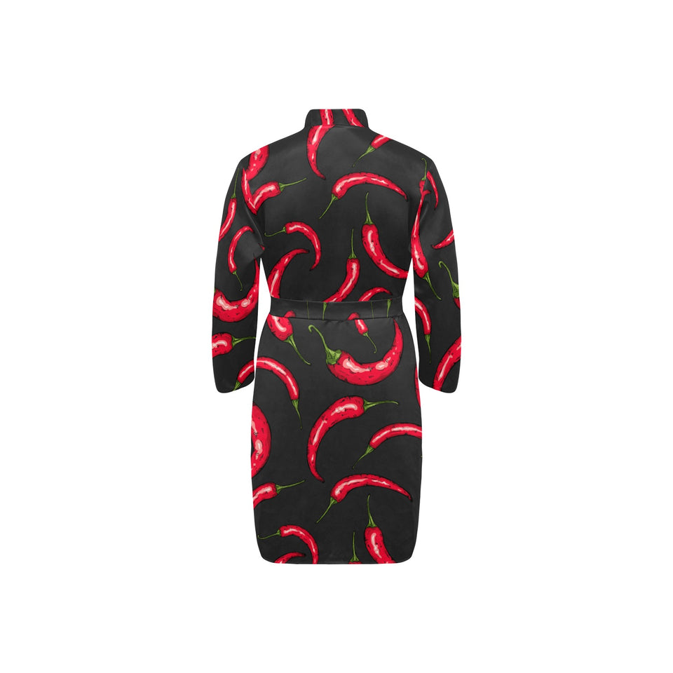 Chili peppers pattern black background Men's Long Sleeve Belted Night Robe