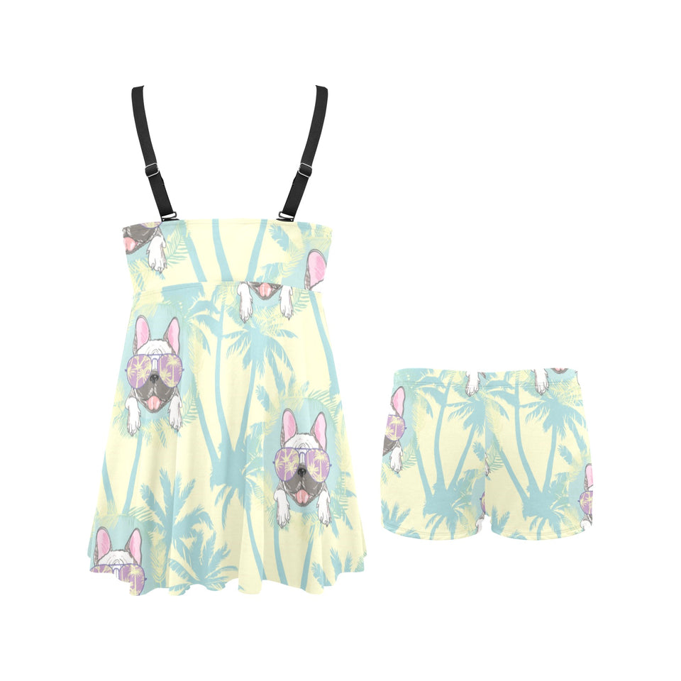 French bulldog hawaii blackground Chest Sexy Pleated Two Piece Swim Dress