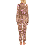 Pink sakura cherry blossom drak brown background Women's All Over Print Pajama Set