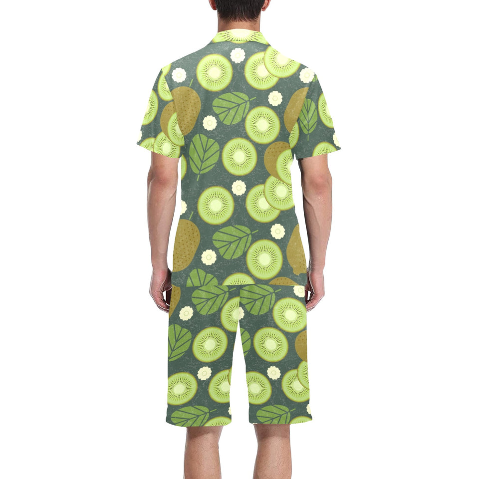 Whole sliced kiwi leave and flower Men's V-Neck Short Pajama Set