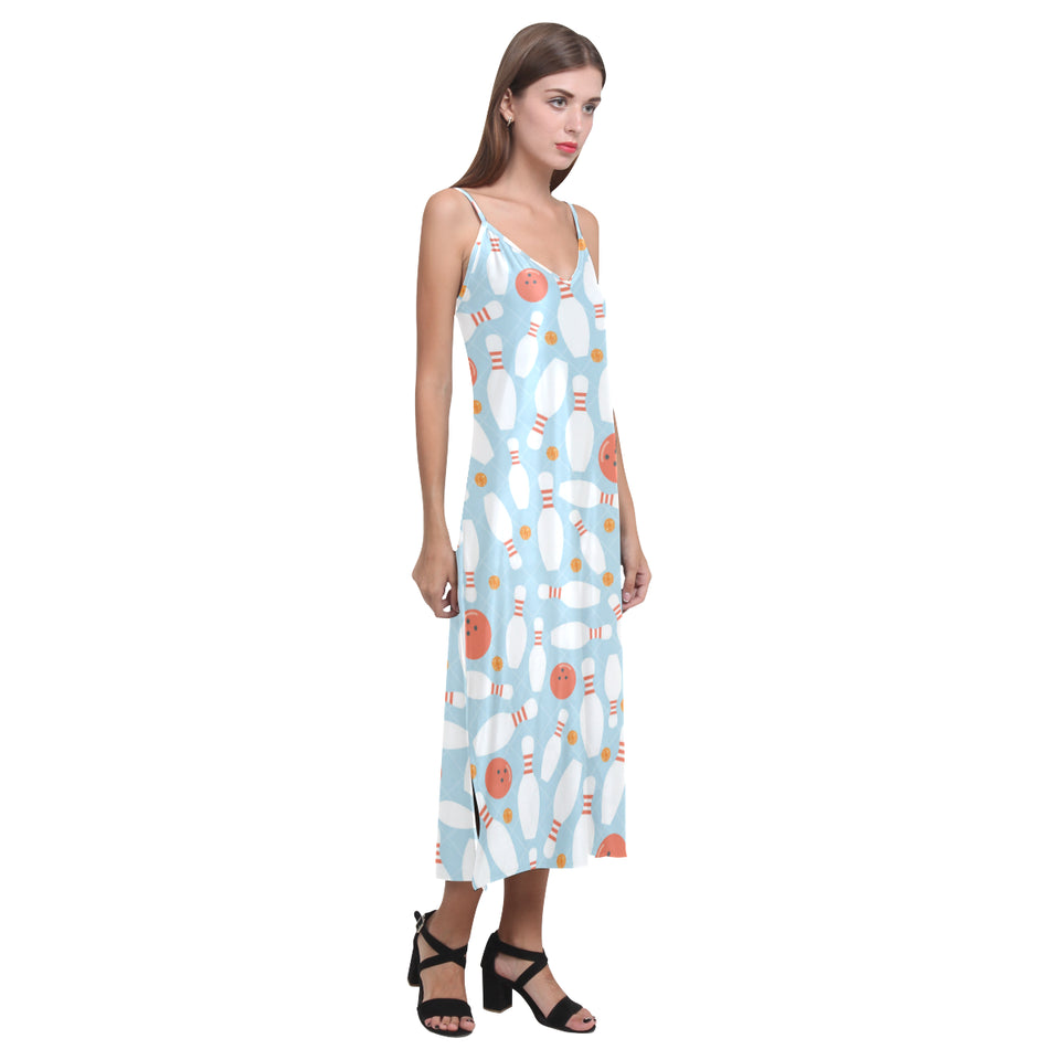 Bowling ball bowling pins blue blackground V-Neck Open Fork Long Dress