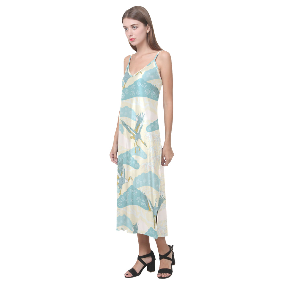 Bonsai bamboo stork japanese pattern cream theme V-Neck Open Fork Long Dress