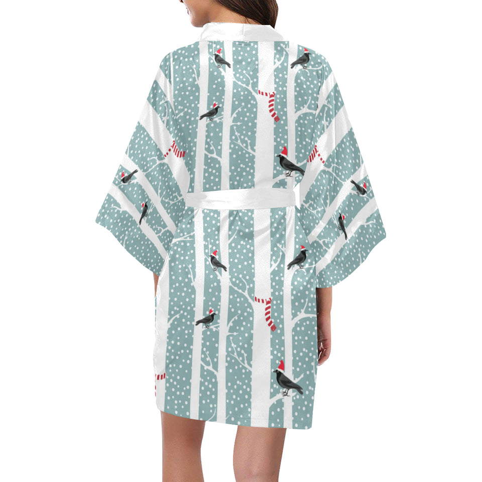 Crows christmas hat scarf Women's Short Kimono Robe