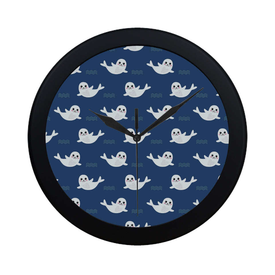 Cute white baby sea lion seal pattern Elegant Black Wall Clock